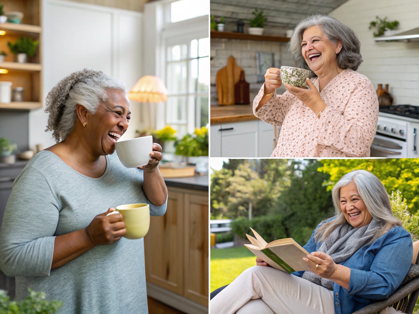 Collage of happy diverse women enjoying herbal tea