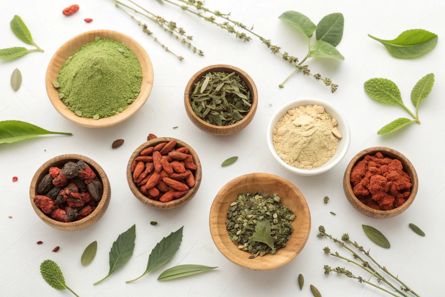 Flat lay of 13 natural herbal ingredients in wooden bowls