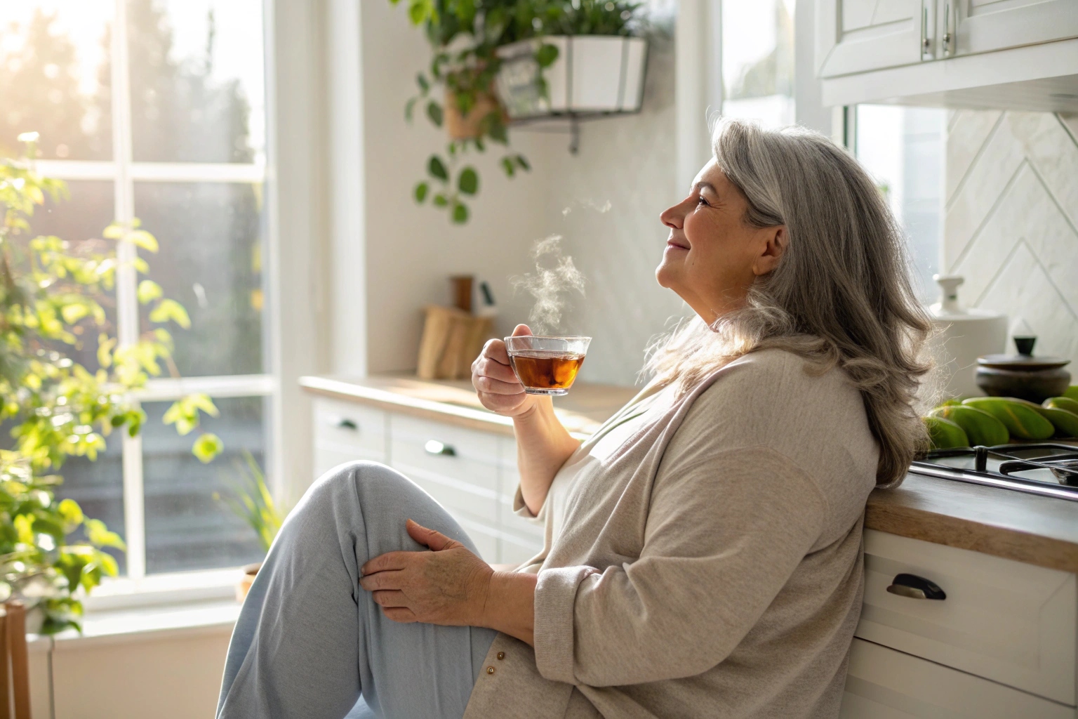 Woman enjoying herbal tea in peaceful setting