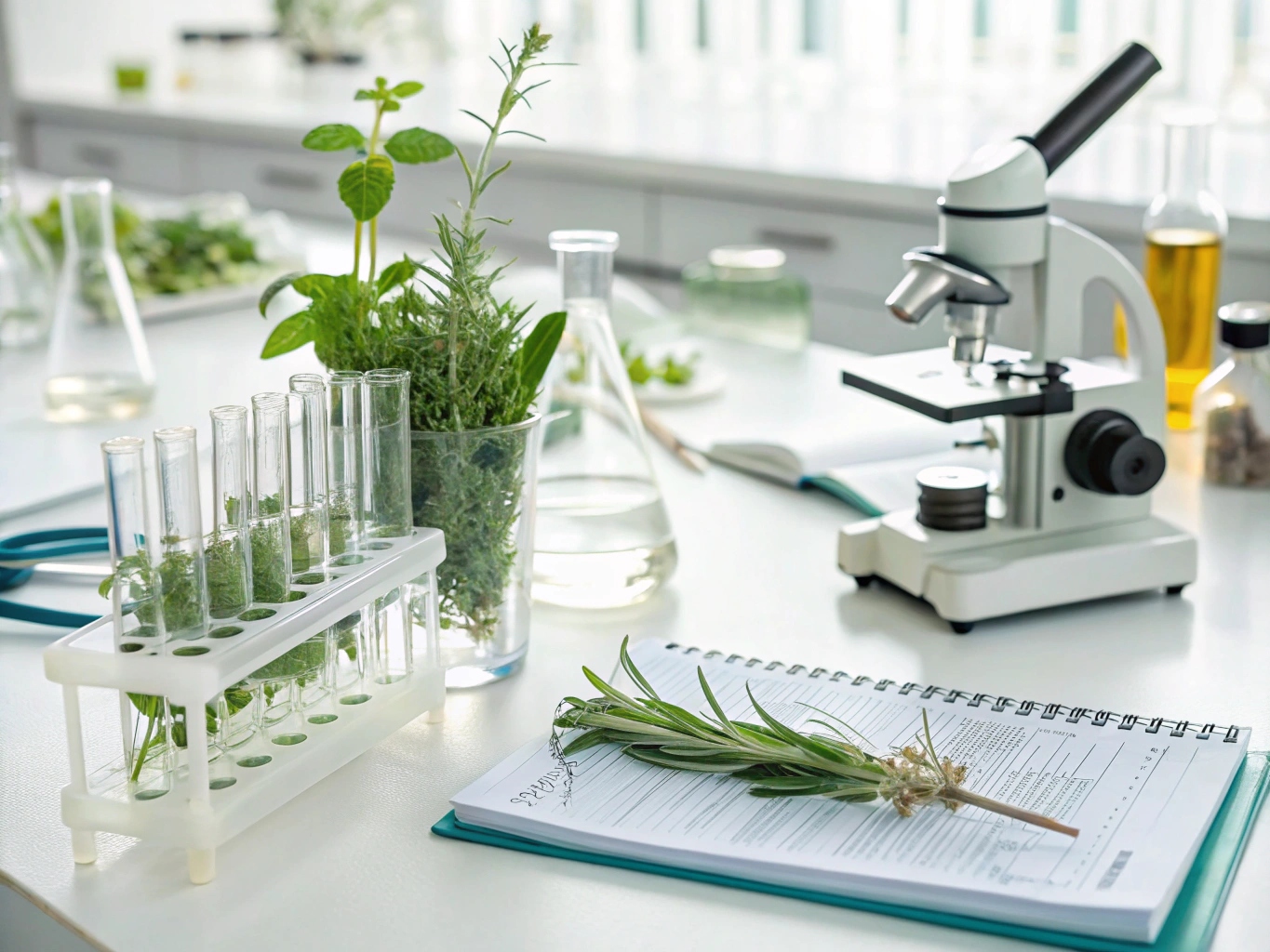 Scientific research with natural herbs and laboratory equipment
